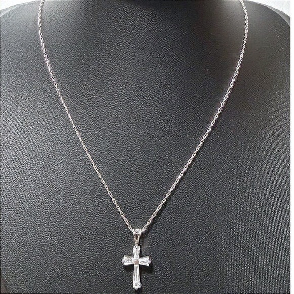 Small Cross Necklace Pendant Women Silver CZ Baguette Faith Jewelry About 18in